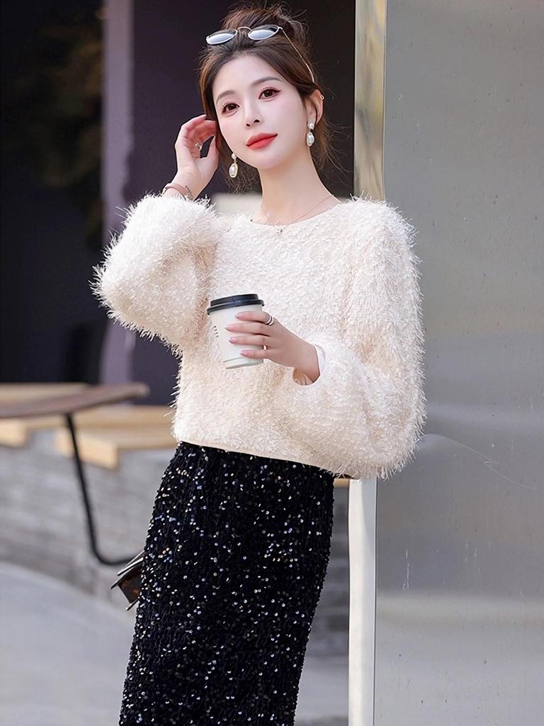 Fashionable Crew Neck Bling Bling Pullover Sweater Top That Can Be Worn In and [RAREWAY] Women's Sweater, Long-sleeved Knit, Bling, Eye-catching