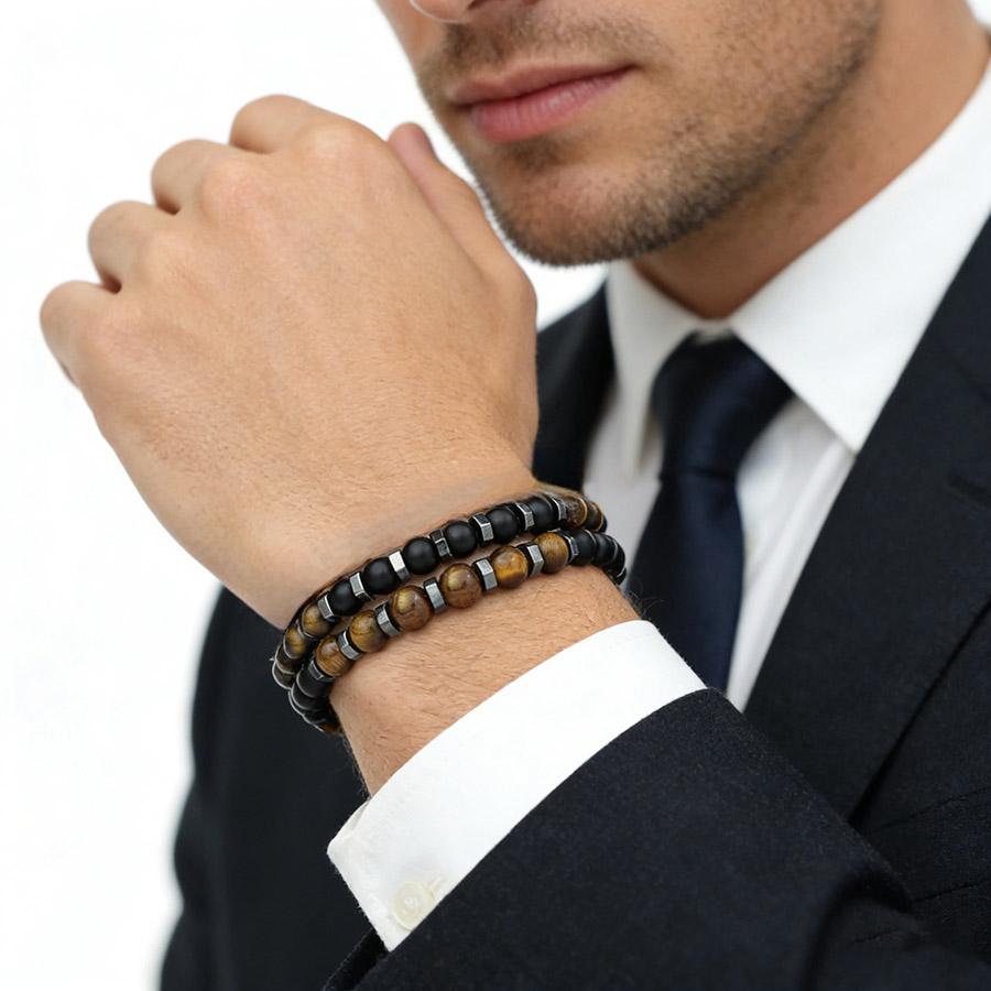 Noter 2Pcs Set Men Beaded Bracelet 3 Colors Available Tiger Eyes Onyx Stone Healing Charm Cool Riding Sports Wrist Accessories