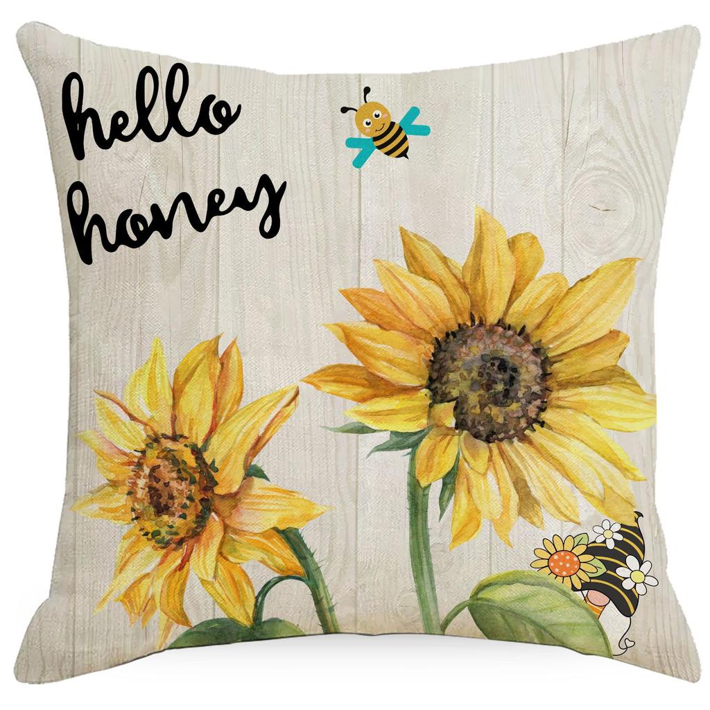 New Sunflower Flowers Bee Printed Linen Pillow Case Car Sofa Bedroom Living Room Pillow Case