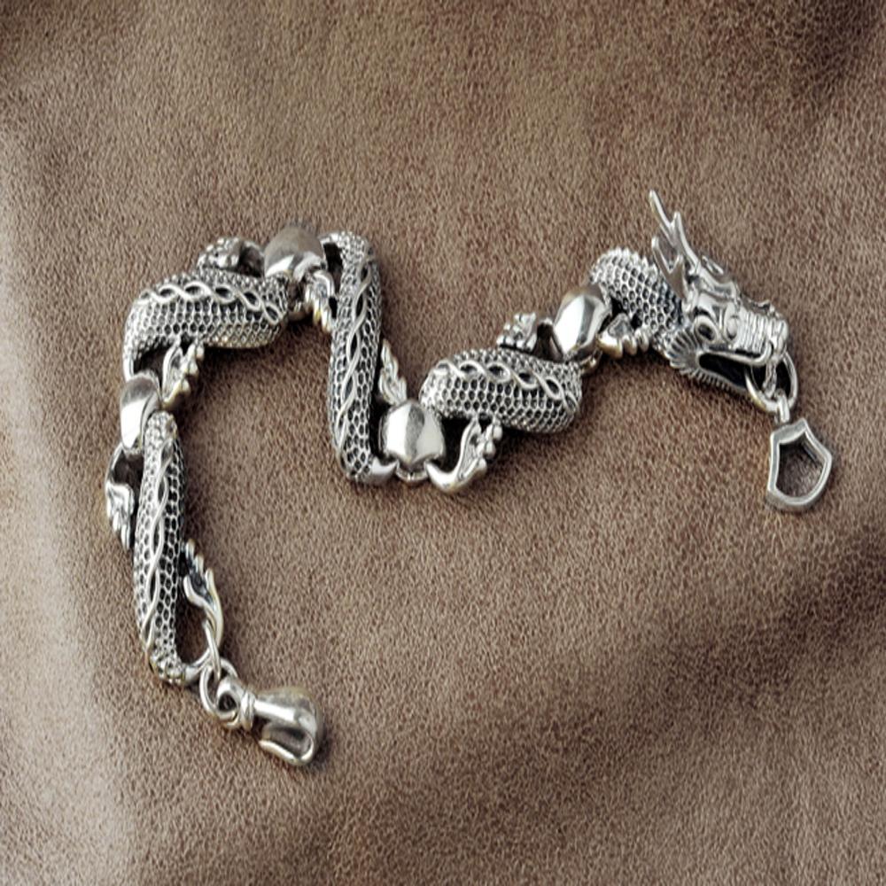 Ethnic Style Chinese Dragon Bracelet Classic 925 Sterling Silver Chain Bangle Simple Wrist Chain For Men Women Jewelry Family