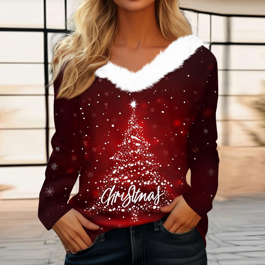 Women's T Shirt Tee Christmas Print Shirt Long Sleeve Party Christmas Fleece Collar V Neck  Top