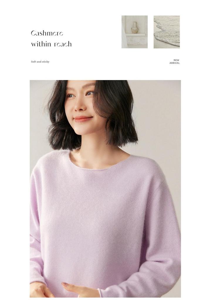 Women's Round Neck Cashmere Sweater - 2026 Autumn/Winter Korean Style Knit, Rolled Edge, Loose Fit, Warm Base Layer.