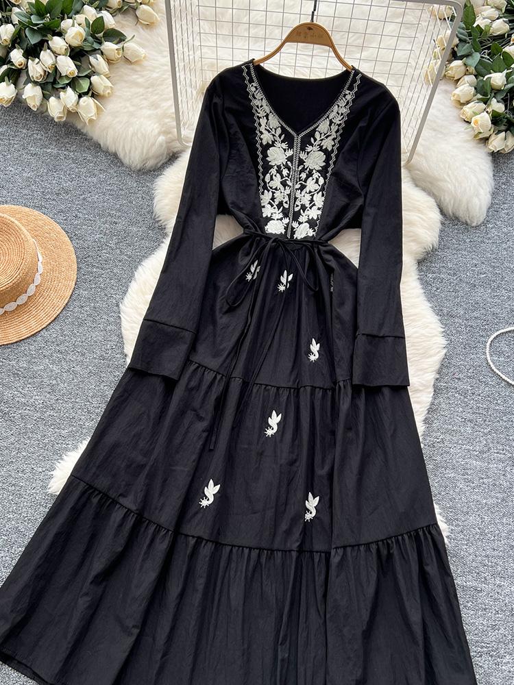 Women Spring Autumn Dress Retro Embroidered V-neck Strap Waist French Elegant Long Sleeve Grand Swing Long Dress