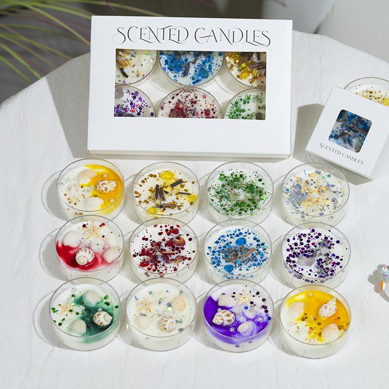 Scented Soy Wax Candles with Dried Flowers and Glitter - Crystal Shell Collection Gift Set
