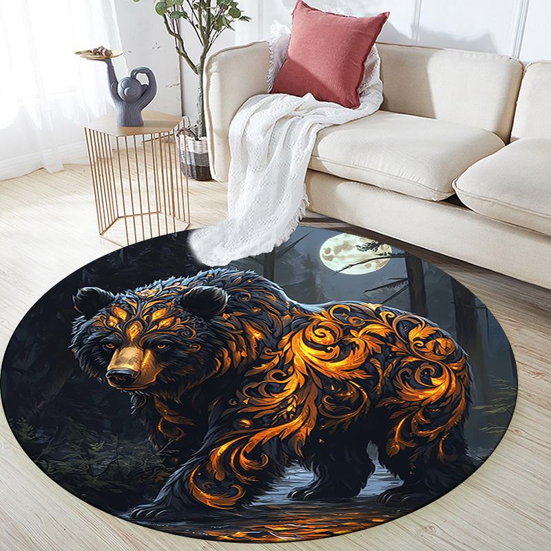 Golden Bear Round Area Rug,Carpet Rug for Living Room Bedroom Sofa Playroom Decor,Non-slip Floor Mat