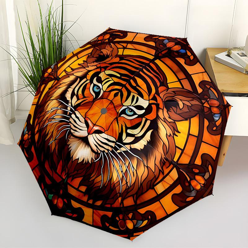 

1PC Tiger Stained_Glass Automatic Folding Umbrella - Compact 8-Rib Design, Durable Plastic & Iron, Lightweight for Outdoor Daily Use048