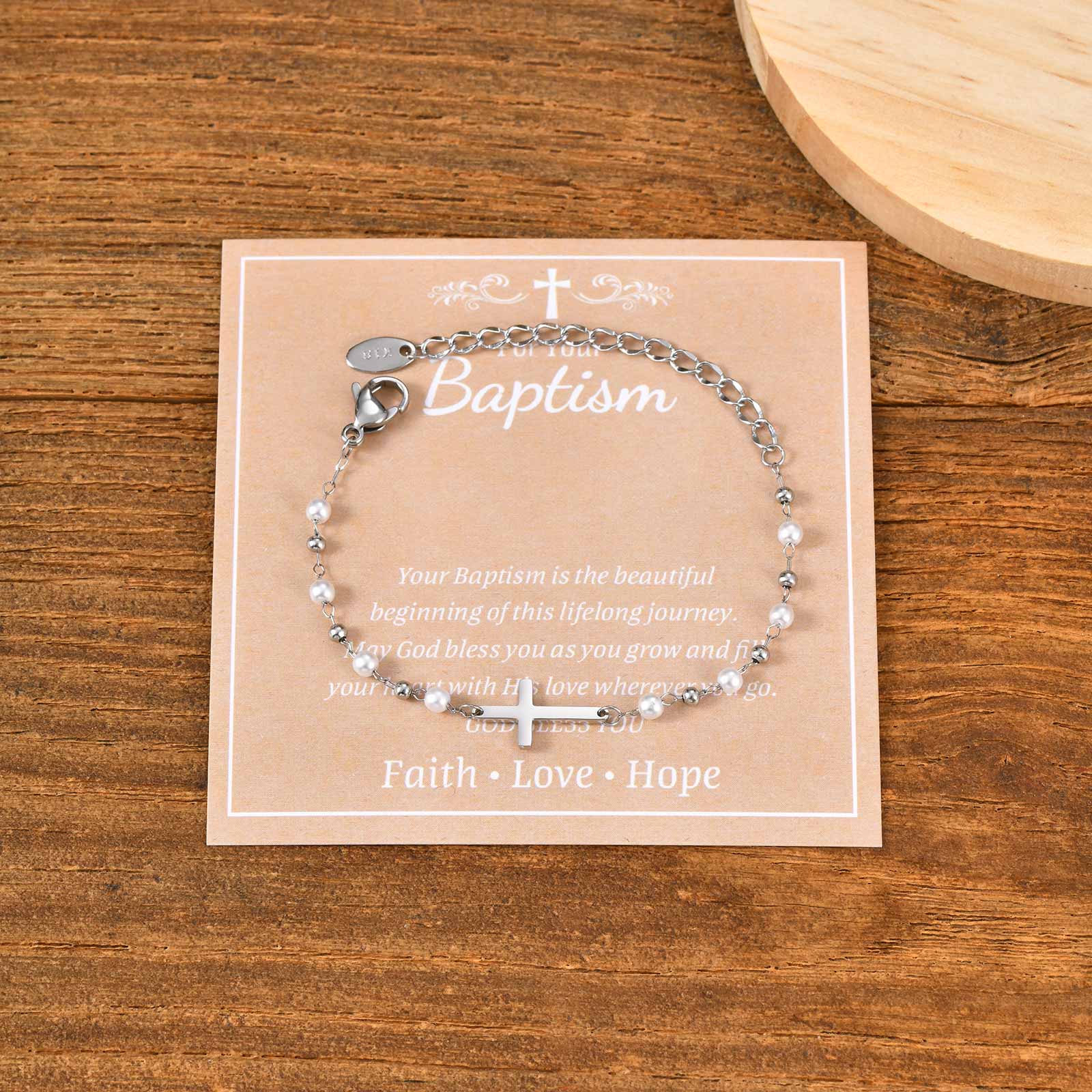 

Dainty Cross Charm Bracelet for Girl Kids, Imitation Pearl Stainless Steel Bracelet, Religious Jewelry for Easter Baptism Gifts