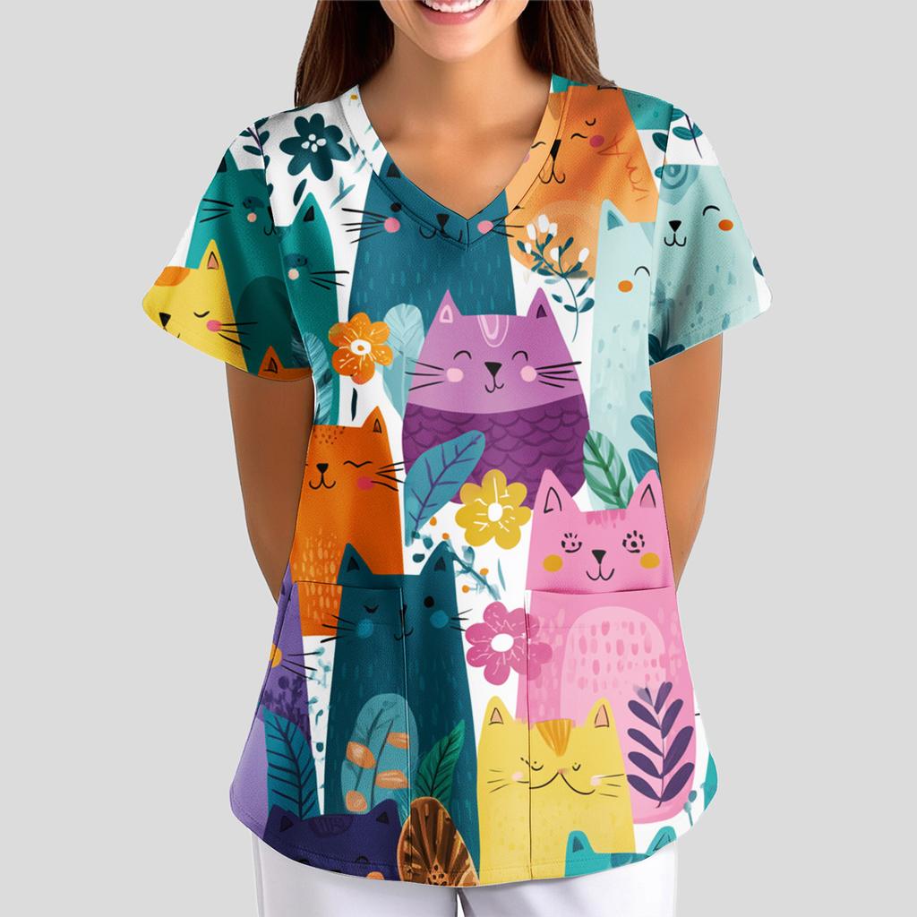 Women's Cartoon Cute Print Loose V-Neck Pocket Short-Sleeve  Uniform