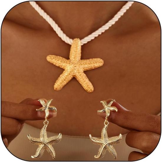 Dcfywl731 Starfish Seashell Necklace for Women Shell Pendant Accessories Chunky Gold Beach Jewelry Womens Fashion Accessories Summer Outfits for