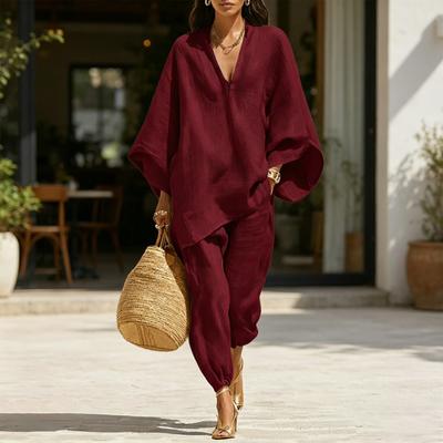 Completi da Donna 2 Pezzi Manica Lunga a Pipistrello Scollo a V Top e Pantaloni Corti Set Abbigliamento Estivo per Vacanze e Relax con Tasche