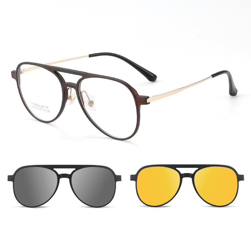 

3 In 1 Pure Titanium Women Double Beam Glasses Frame With Polarized Clip On Sunglasses And Night Vision Men Half Rim Eyewear