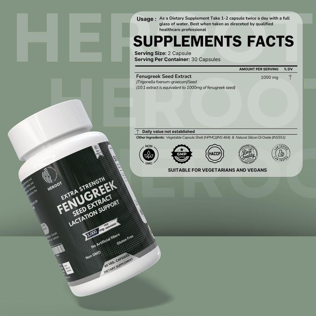 Heroot Fenugreek Seed Capsules 1000mg | Herbal Powder Capsules | 60 Count