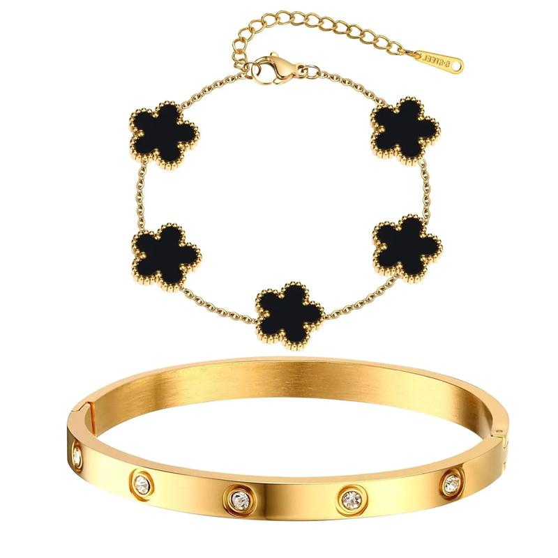 ZAKOL 2 Pcs Women's Stackable Gold Bracelets Bangle Zircon Set 14K Gold Plated Floral Non Tarnish Cubic Zirconia Bangle Gift