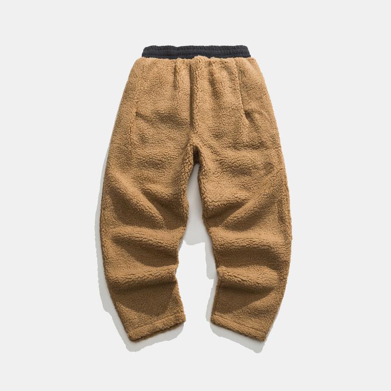 2024 Winter New Men Solid Color Fleece Pants Men Warm Retro Casual Lamb Wool Pants Men Streetwear Hiphop Loose Wide Leg Pants Mens Thick Trousers