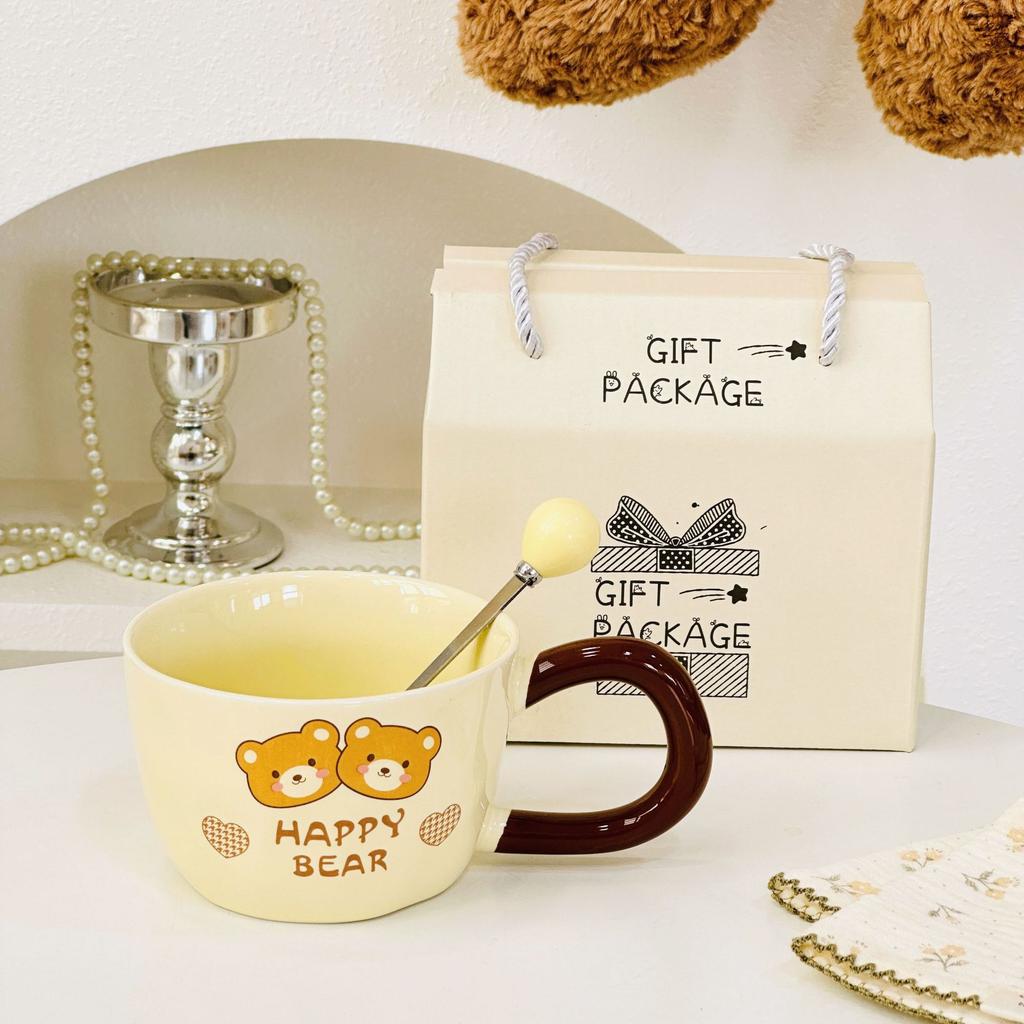 Cute Bear Cup Animal Mug with Lid Spoon Ins Style Girls Ceramic Cup Set Breakfast Cup Office