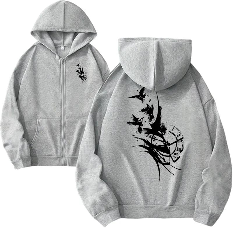 Trendy Women's Zipper Hoodie Viking Raven Print Sweatshirt Autumn Winter Daily Casual Sporty Fashion Coat