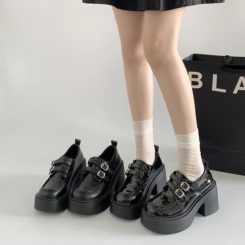 Czarne brytyjskie buty na wysokim obcasie i platformie, małe skórzane buty dla kobiet, nowe na jesień, francuskie, wszechstronne, retro, podwyższające
