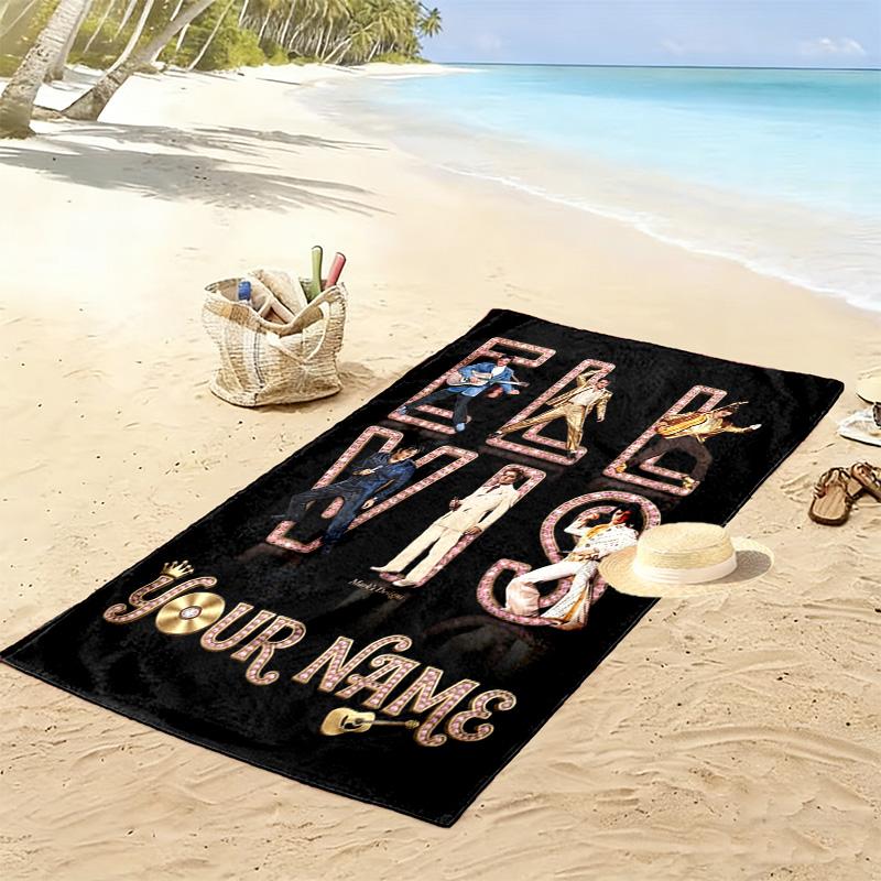 Name Custom Elvis Poster Print Beach Towel, Large Soft Quick Dry Towel for Beach Camping Swimming