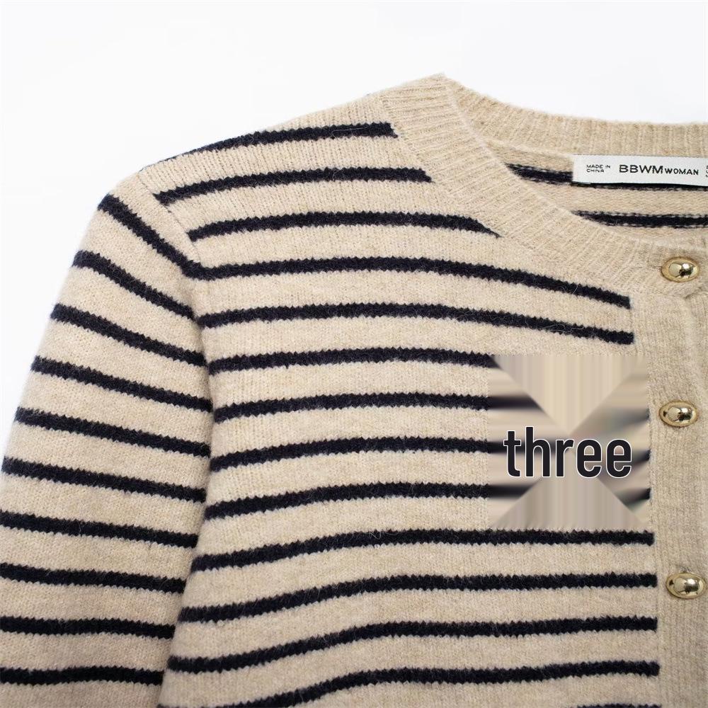 2024 Autumn Striped Print Long-Sleeve Knit Cardigan for Women