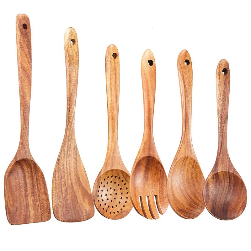 Teak 9-Piece Kitchen Set: Solid Wood Spatula, Spoon, Fork, Non-stick Pan, Acacia Wood Utensils, Long Handle Pot & Vegetable Spatula