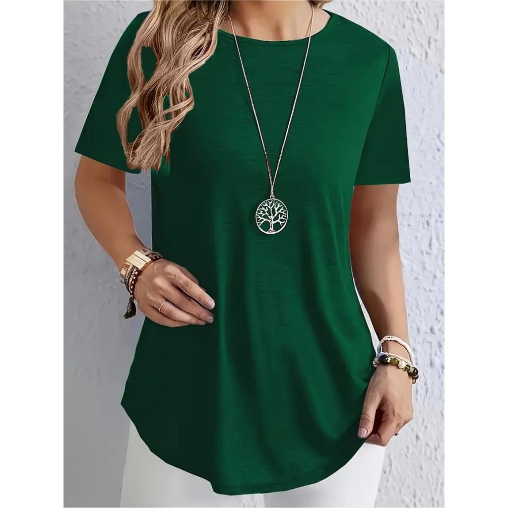Spring Summer Solid Color T-shirt, Elegant Back Button Design, Casual Top for Women, European American Fashion Casual Wear