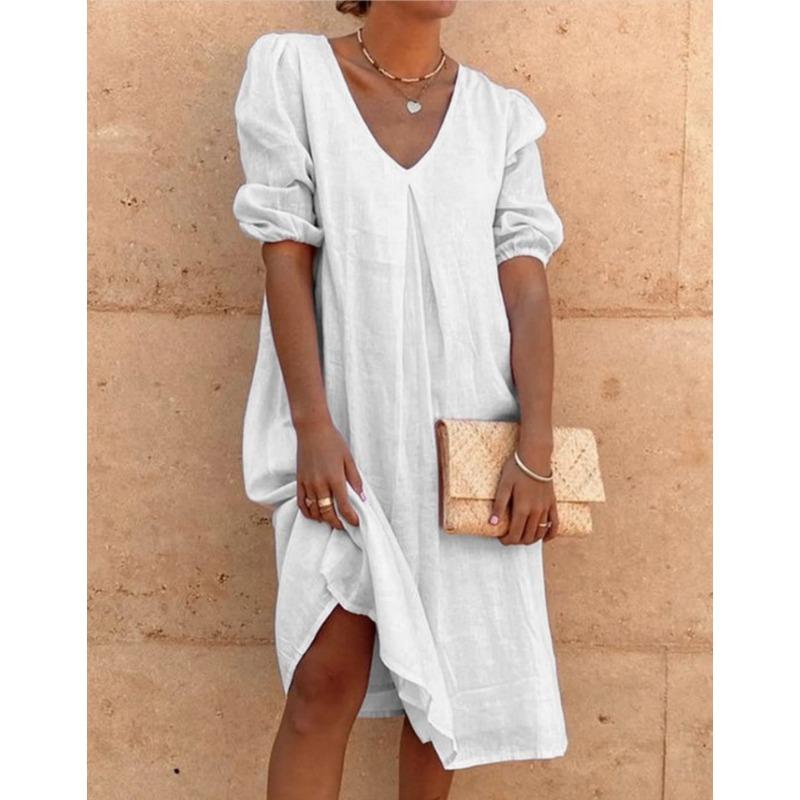 Fashion Short Sleeve V Neck Casual Loose Summer Dress Women Elegant Solid Color Simple A-line Dresses Office Ladies Plus Size Women Clothing