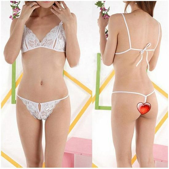 Dessous-Set aus Spitze mit offenem Schritt: Sexy BH, Bikini, Tanga-Pyjama, zweiteilig