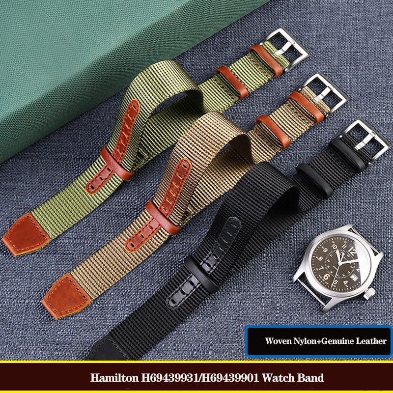 20mm 22mm Woven Nylon +Genuine Leather Strap for Hamilton Khaki Green Field Watch H69439931 441 Men Outdoor Sport Watchband