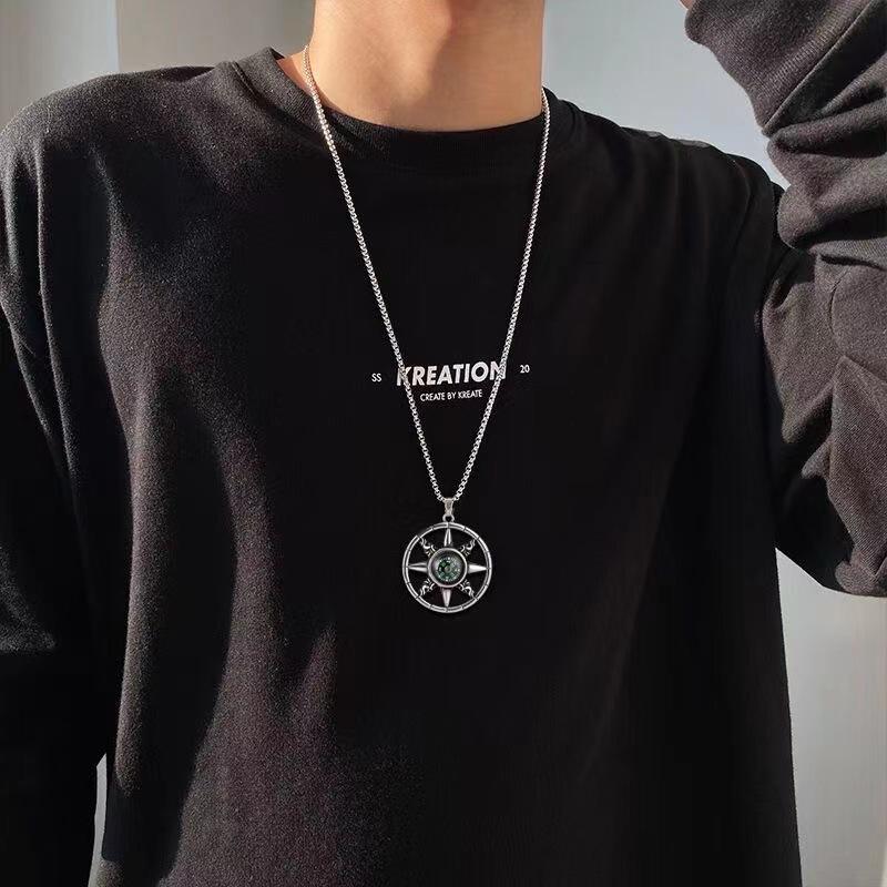 European and American Retro Compass Pendant Titanium Steel Necklace Versatile Fashion Hip-hop Long Sweater