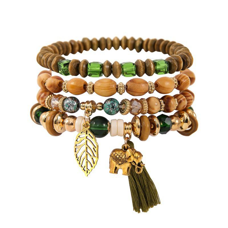 Boho Beaded Tree Leaf & Elephant Pendant Layered Tassel Bracelet