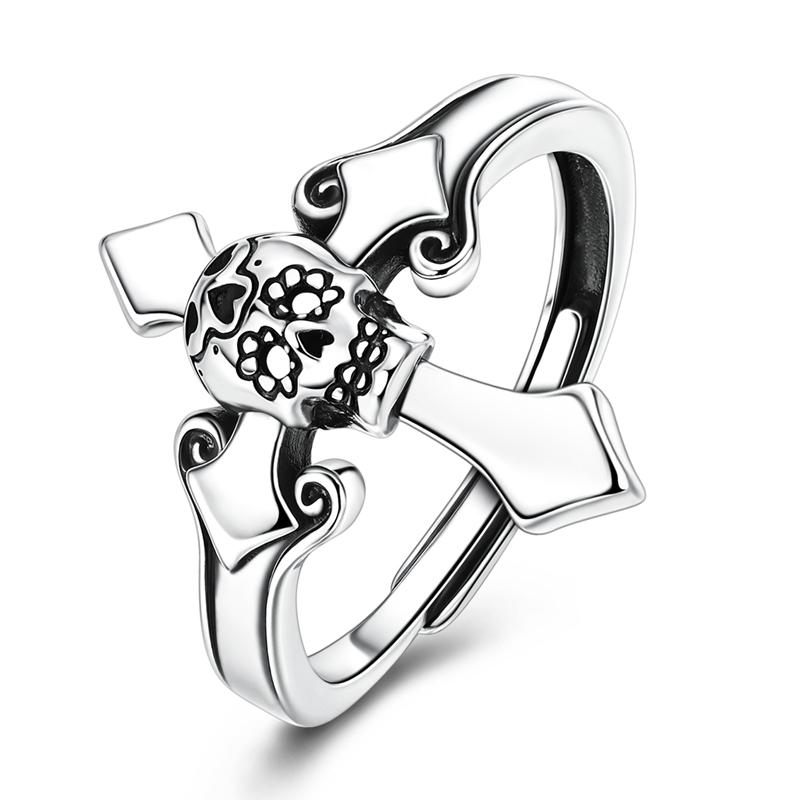 Original 925 Sterling Silver Open Ring Adjustable Size Cross Skull Ring For Women Men Jewelry Gift