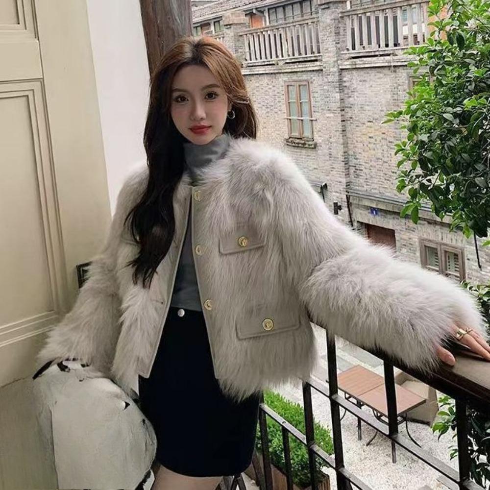 

Меховая куртка женская осенне-зимняя молодежная новая имитация лисьего меха приталенная тонкая меховая шуба M светло-серый