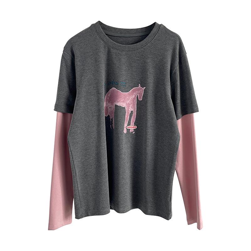 Taoguan Frühling Damen Schlankmachendes Rundhals-T-Shirt mit kleinem Pferdeaufdruck Two-in-One