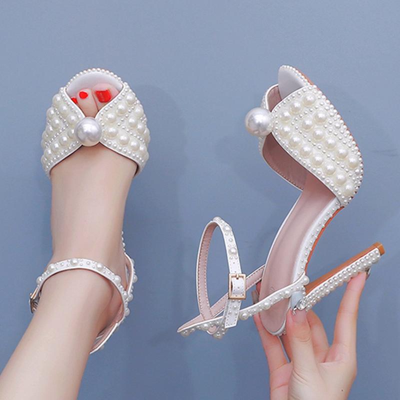 Handmade Pearl Thin Heels Sexy Ankle Strap White Sandals Woman Fish Mouth Peep Toe Bride Wedding Banquet Shoe 35 абрикосовый