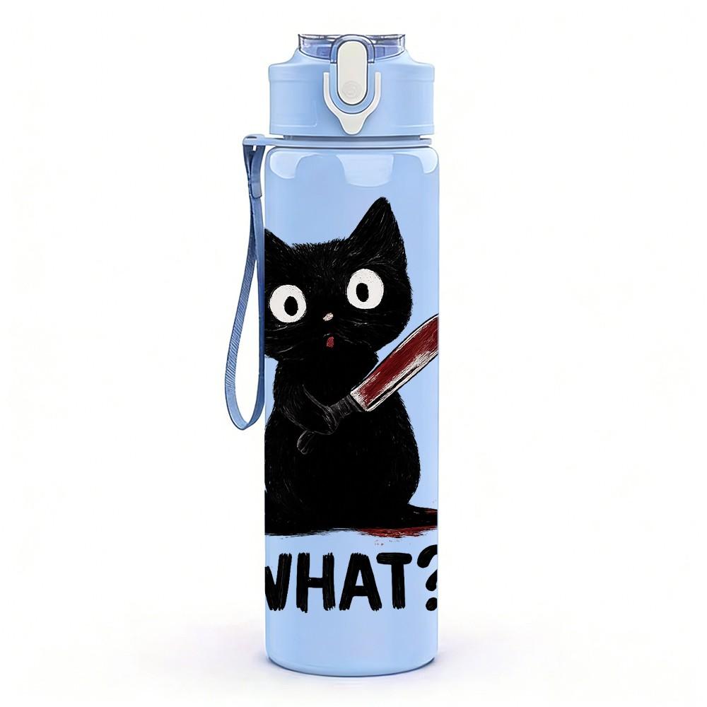 1PC Black Cat Funny Question Print 750ml Color Plastic Sports Water Bottle Leakproof Flip Straw Lid Suitable for Sports Office Home Use