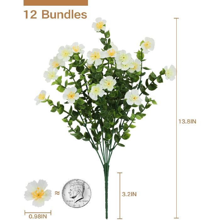 Artificial Flowers for Outdoors, 12 Bundles Fake White Flowers for Outdoor Planters, Faux Plants with Silk Flowers for Porch Decor Garden Patio Home