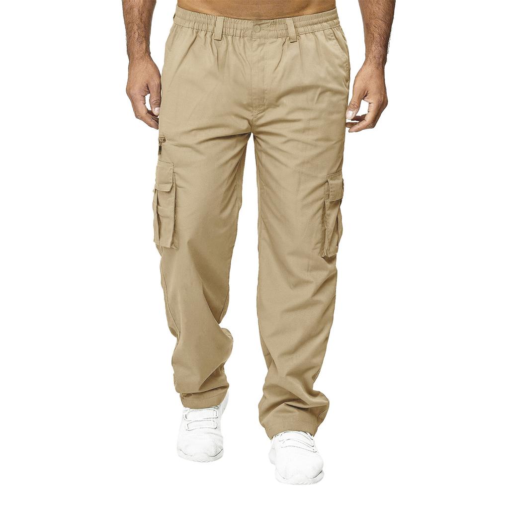 Men's Spring and Autumn Solid Straight Legged Cargo Pants Casual Multi-Pocket Long Pants Loose Fit Outdoor Fitness Trousers
