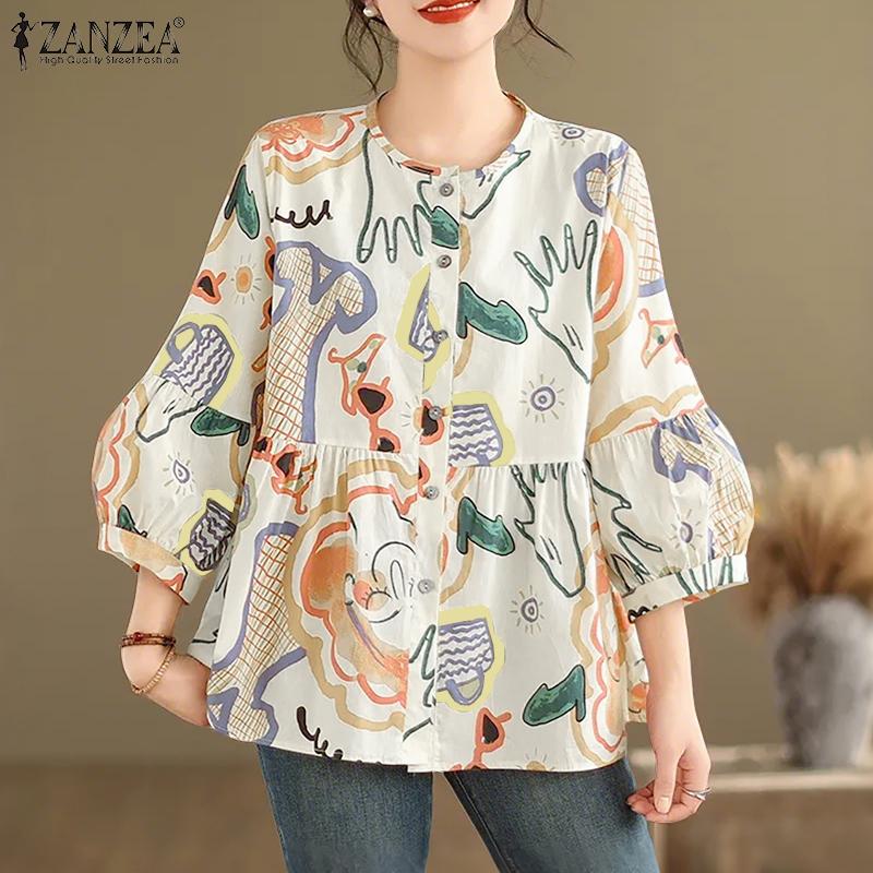 ZANZEA Women Casual Round Neck Loose Long Sleeve Print Blouse