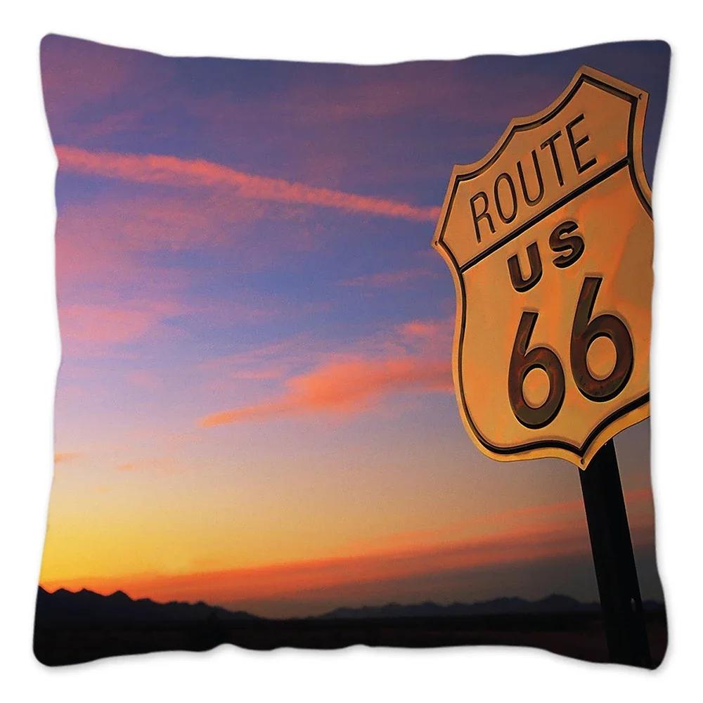Poszewka na poduszkę w stylu retro Route 66 Dekoracja domu Poliestrowa poszewka na poduszkę na sofę Samochód Poszewka na poduszkę do rzucania Naturalny krajobraz Funda Cojin