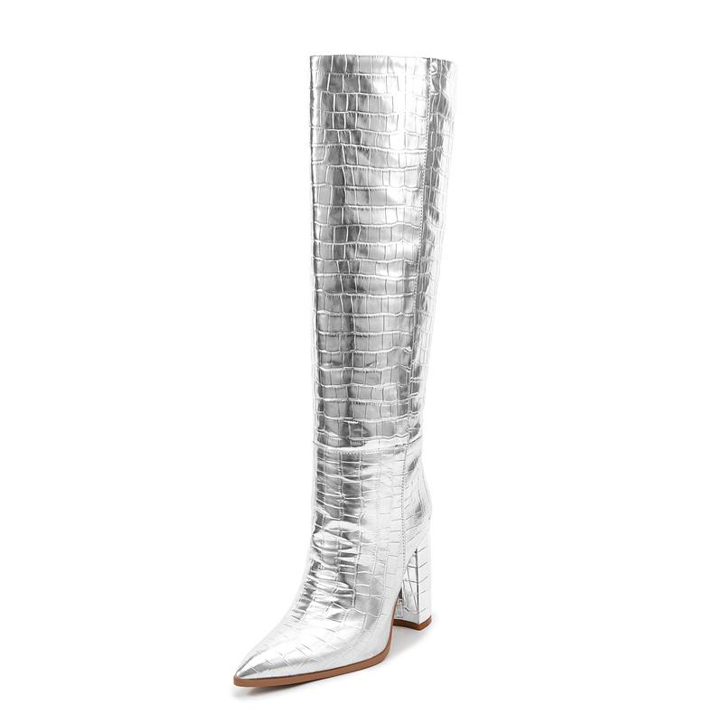 

Роскошные серебристые высокие сапоги в стиле вестерн для женщин, зимние сапоги до колена на блочном каблуке, красные длинные туфли для вечеринок и танцев, женские, большого размера 45 36 серебряный