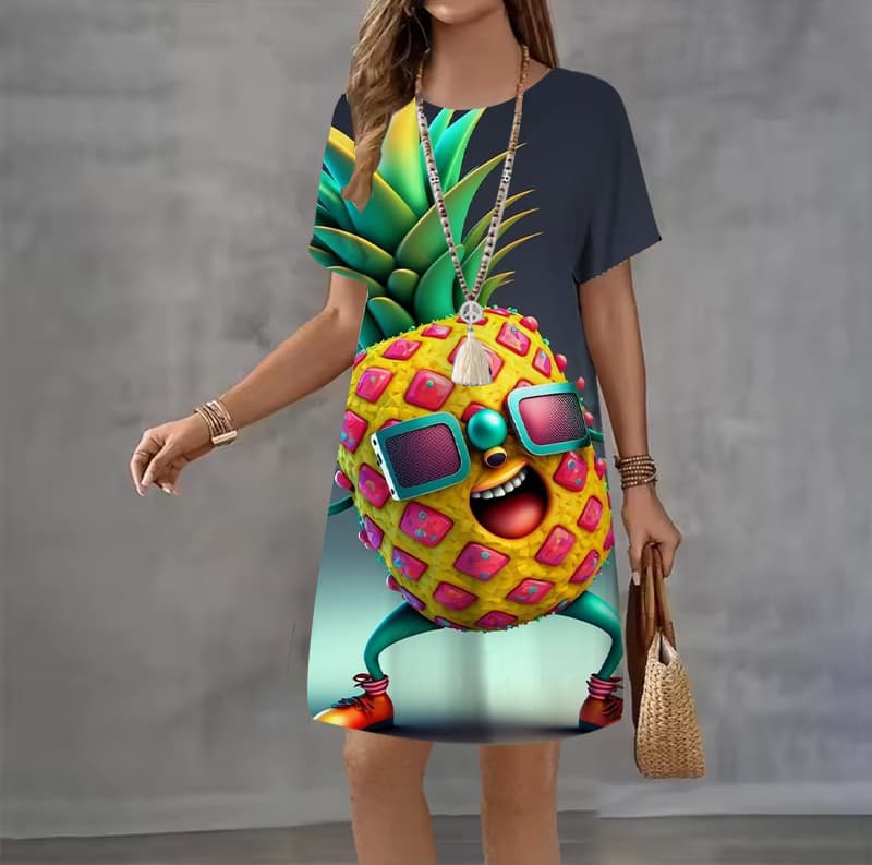 Modna letnia sukienka z nadrukiem 3D, luźna, casualowa, z krótkim rękawem, z okrągłym dekoltem, mini