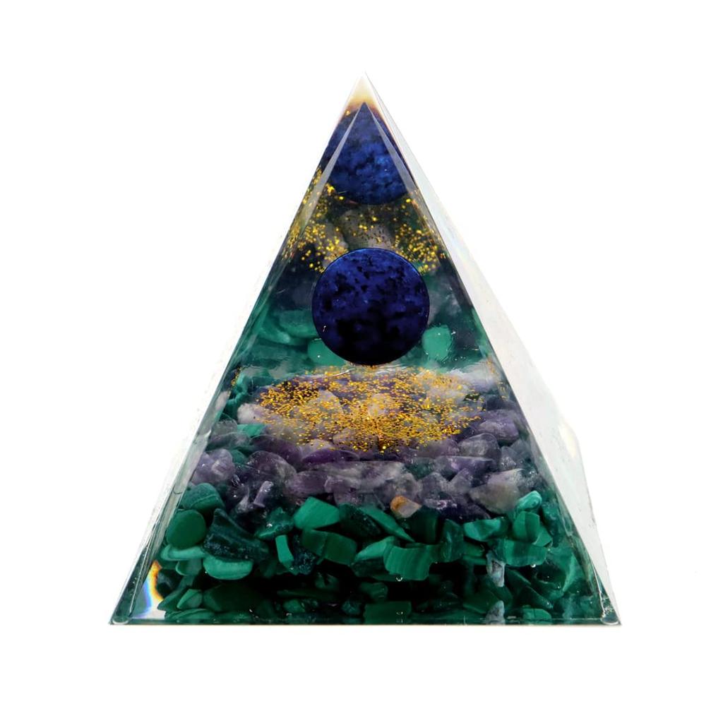 [GOLD STONE] Orgonite Pyramid, Natural Stone Chips, Malachite, Amethyst, Lapis Lazuli, Approx. 5cm Wide, Ornament, Power Stone, Purification