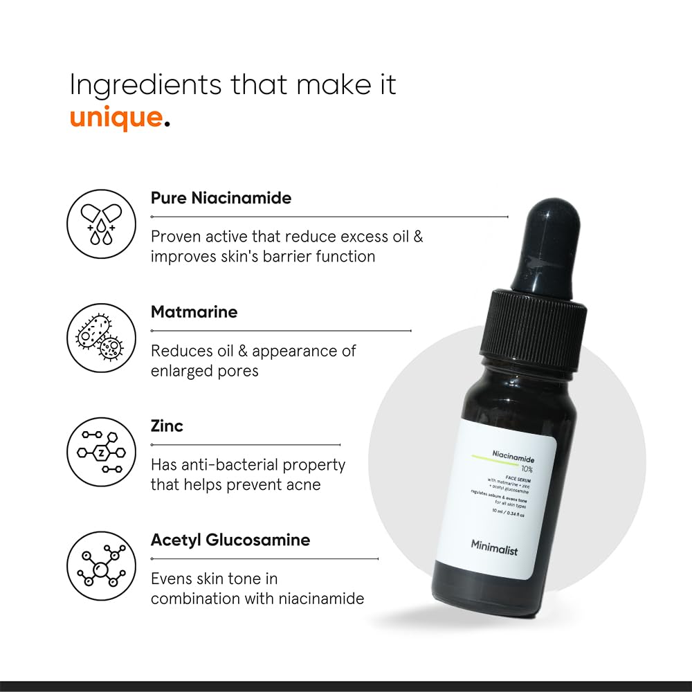 Minimalist Niacinamide Face Serum 10% with Zinc, Oil Control, Anti-Acne, Pore Care, 10 Ml Pack of 1