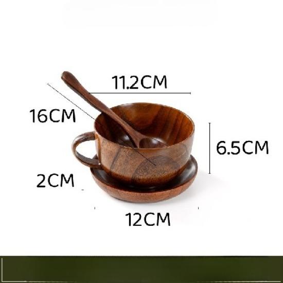 Japanese-style Jujube Wood Coffee Cup Three-piece Set Solid Wood Bowl Cup Wooden Milk Cup with Handle Can Be Printed with Logo