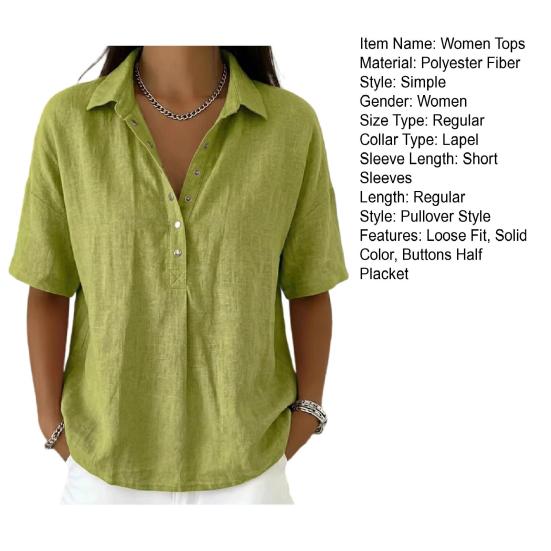 Women Shirt Lapel Buttons Half Placket Short Sleeves Casual Blouse Pure Color Loose Fit