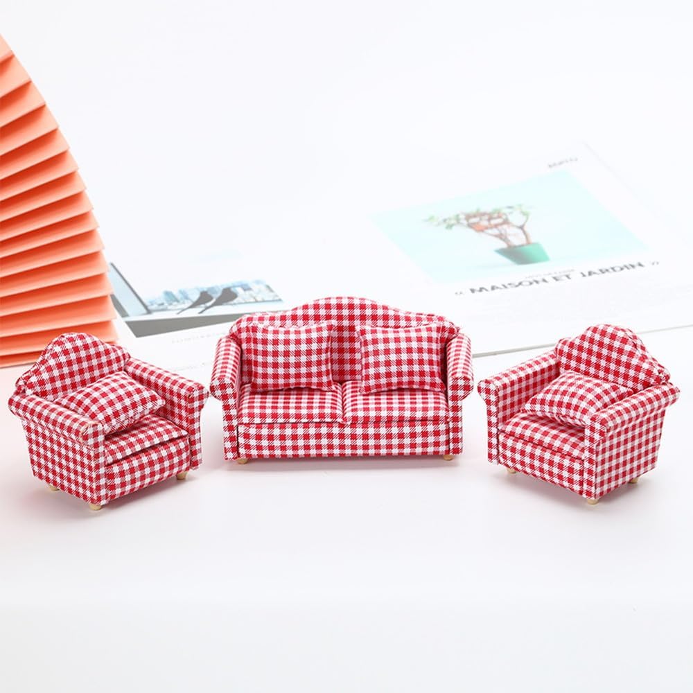 Moin Moin Miniature Furniture Sofa Set 1/12 Scale 3 Pieces White Red Striped Fabric Dollhouse