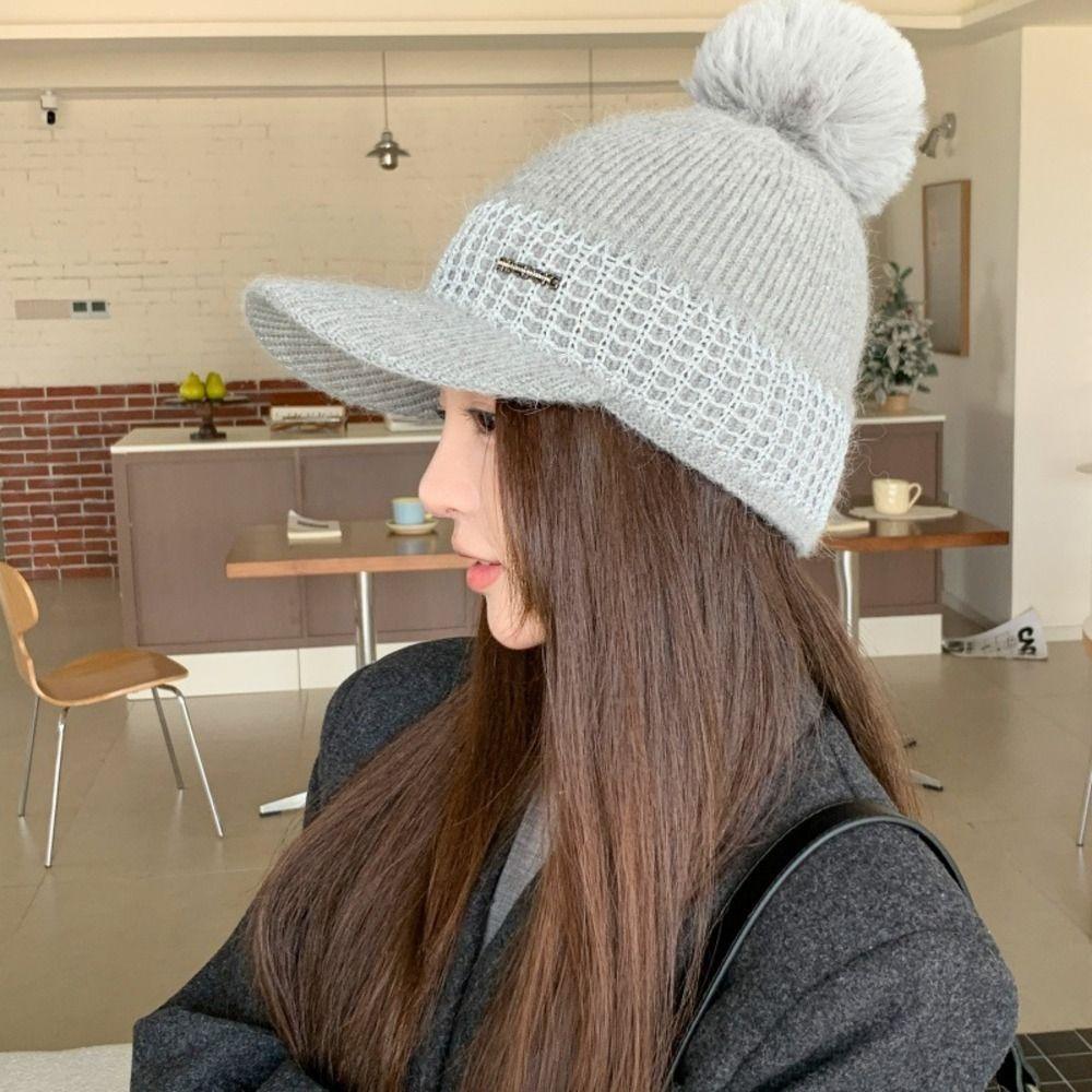 Knitted Winter Baseball Cap Windproof Brimmed Windproof Hat Thermal Knit Visor Beanie Girls