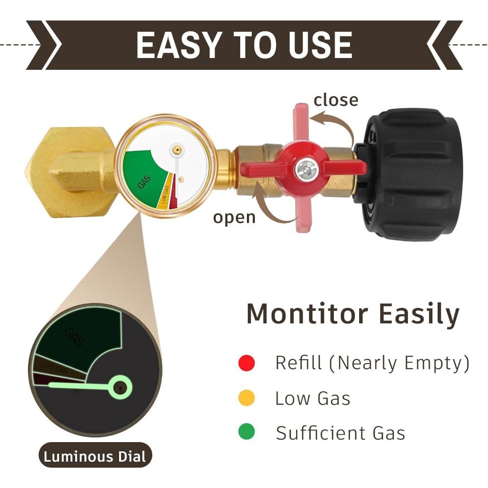 Propane filling adapter for 1-pound propane tanks, QCC1 propane adapter, 20-pound to 1-pound converter with pressure gauge valve.