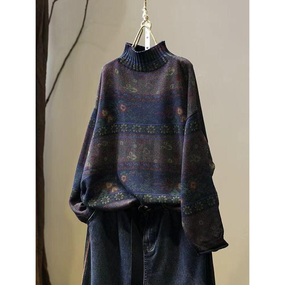 Korean Vintage Floral Print Mock Neck Casual Loose Sweater Woman Autumn Fashion Long Sleeves Sweater