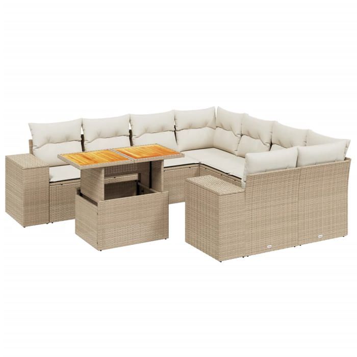 VidaXL Salon de Jardin avec Coussins 9 pcs, Canapés de Terrasse, Ensemble de Meubles de Patio, Mobilier d'Extérieur, Beige 3272563